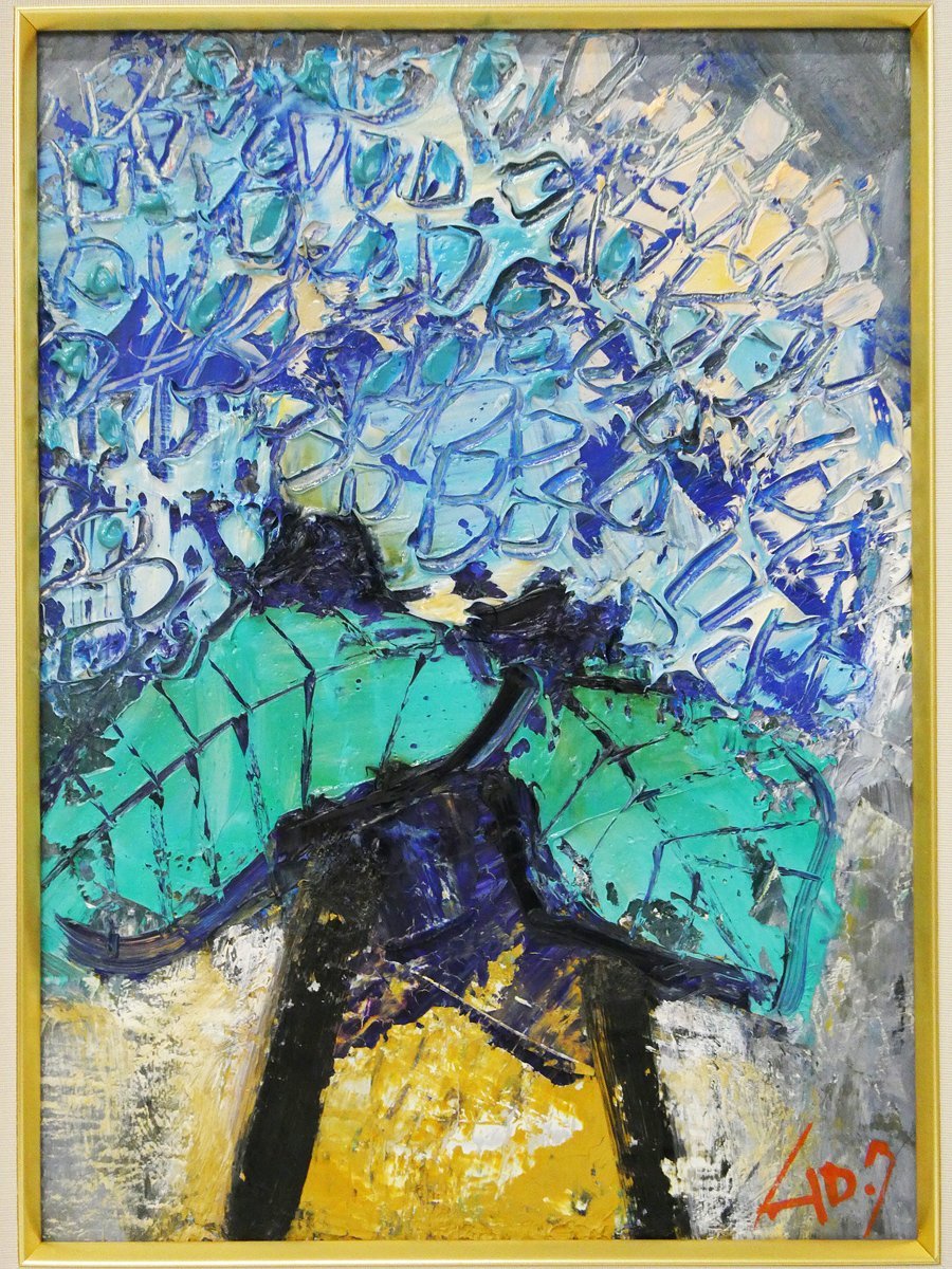 ♯ 肉筆 室田武 紫陽花 油彩 静物画 F4号 在銘 額装入り!! 二科展特選