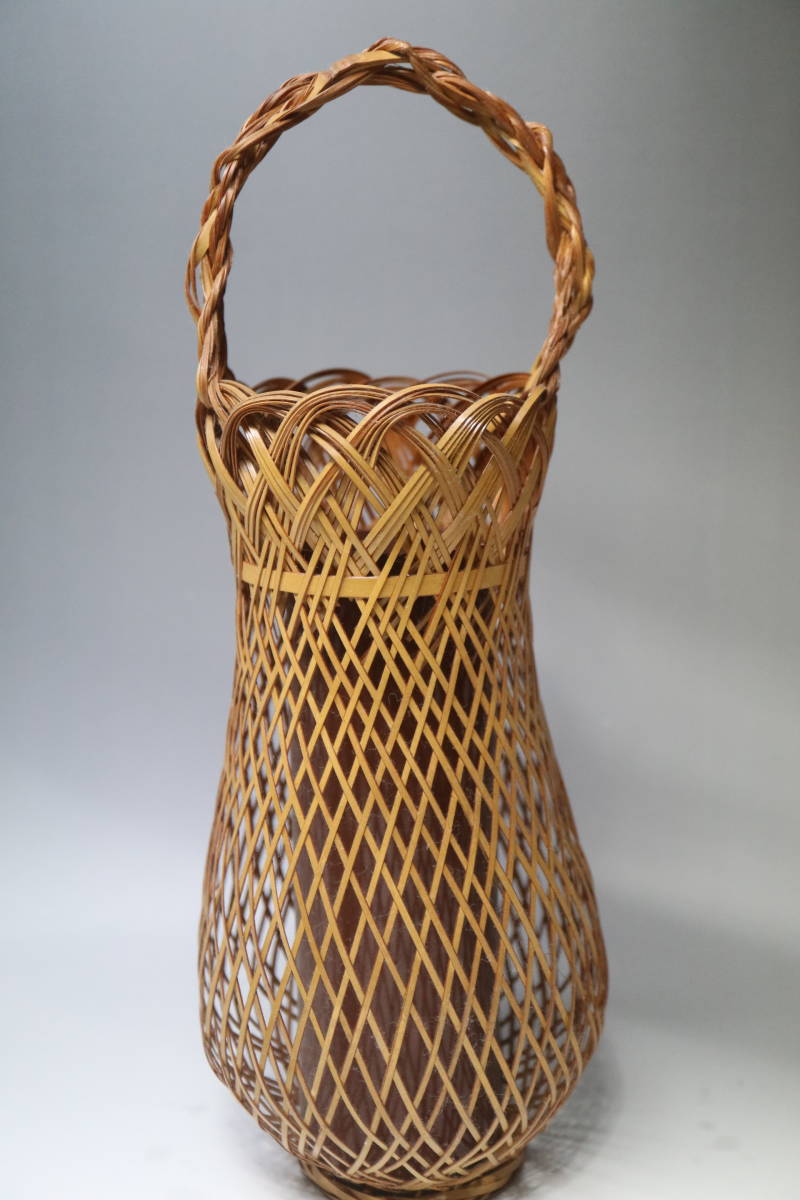 竹製 手付花入 中筒 花生け 茶道具 竹かご 編みカゴ 竹籠 かご レトロ _1