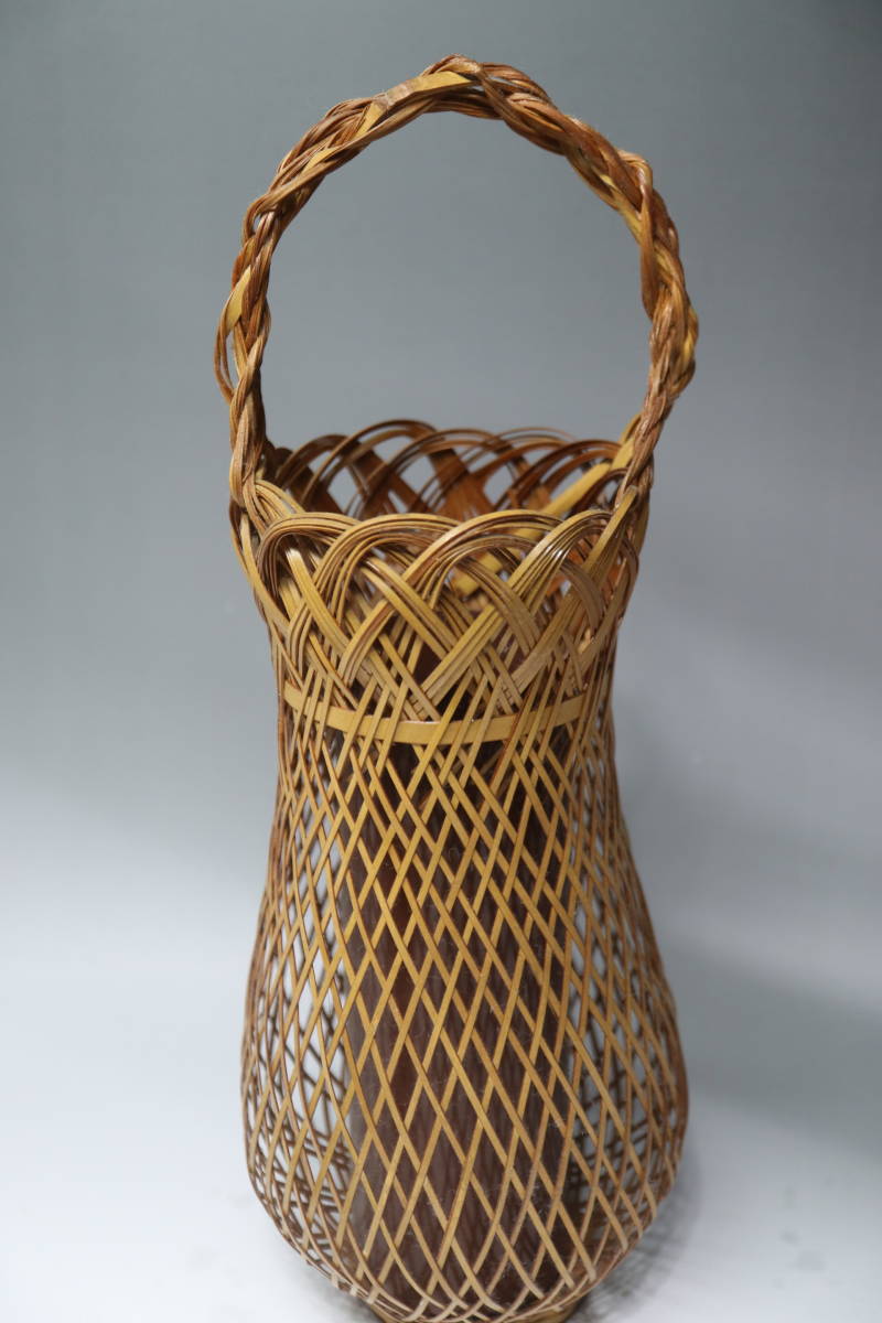 竹製 手付花入 中筒 花生け 茶道具 竹かご 編みカゴ 竹籠 かご レトロ _2