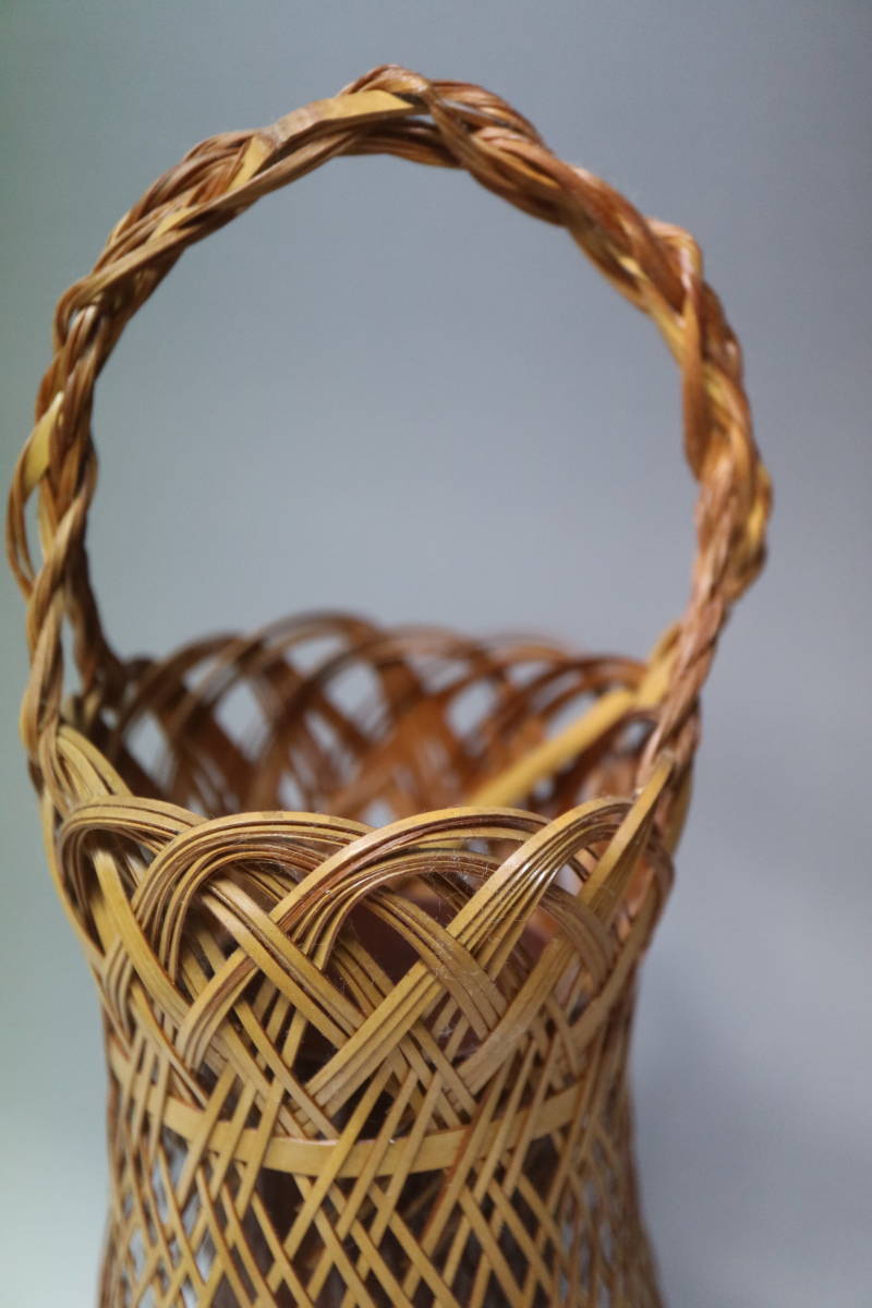 竹製 手付花入 中筒 花生け 茶道具 竹かご 編みカゴ 竹籠 かご レトロ _4