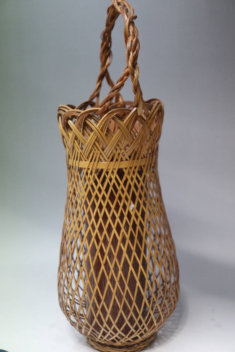 竹製 手付花入 中筒 花生け 茶道具 竹かご 編みカゴ 竹籠 かご レトロ _5