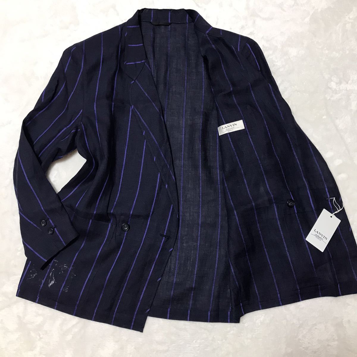 新品タグ付き！ ランバン リネン ダブルテーラードジャケット アンコンジャケット ネイビー パープル LANVIN ストライプ メンズ 春夏