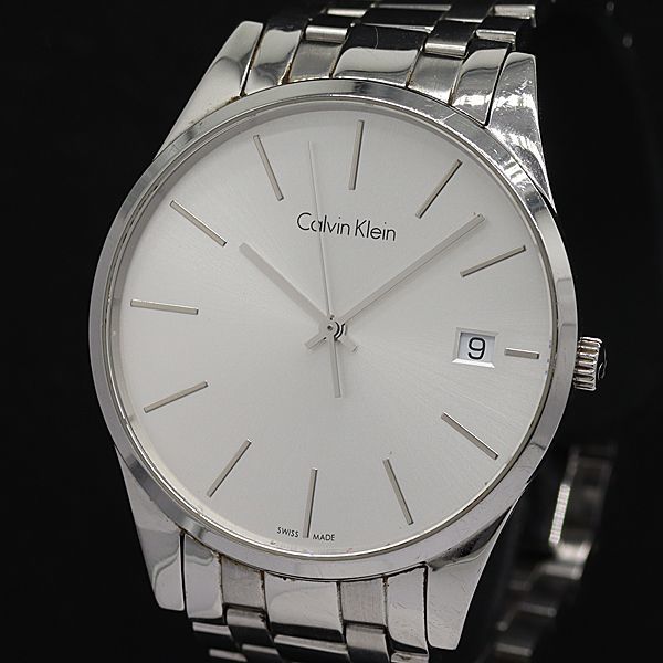 1円 稼働 良品 箱/コマ7/保証書付 カルバンクライン QZ K4N21146 デイト ラウンド シルバー文字盤 メンズ腕時計 NBY0624 3284000STU