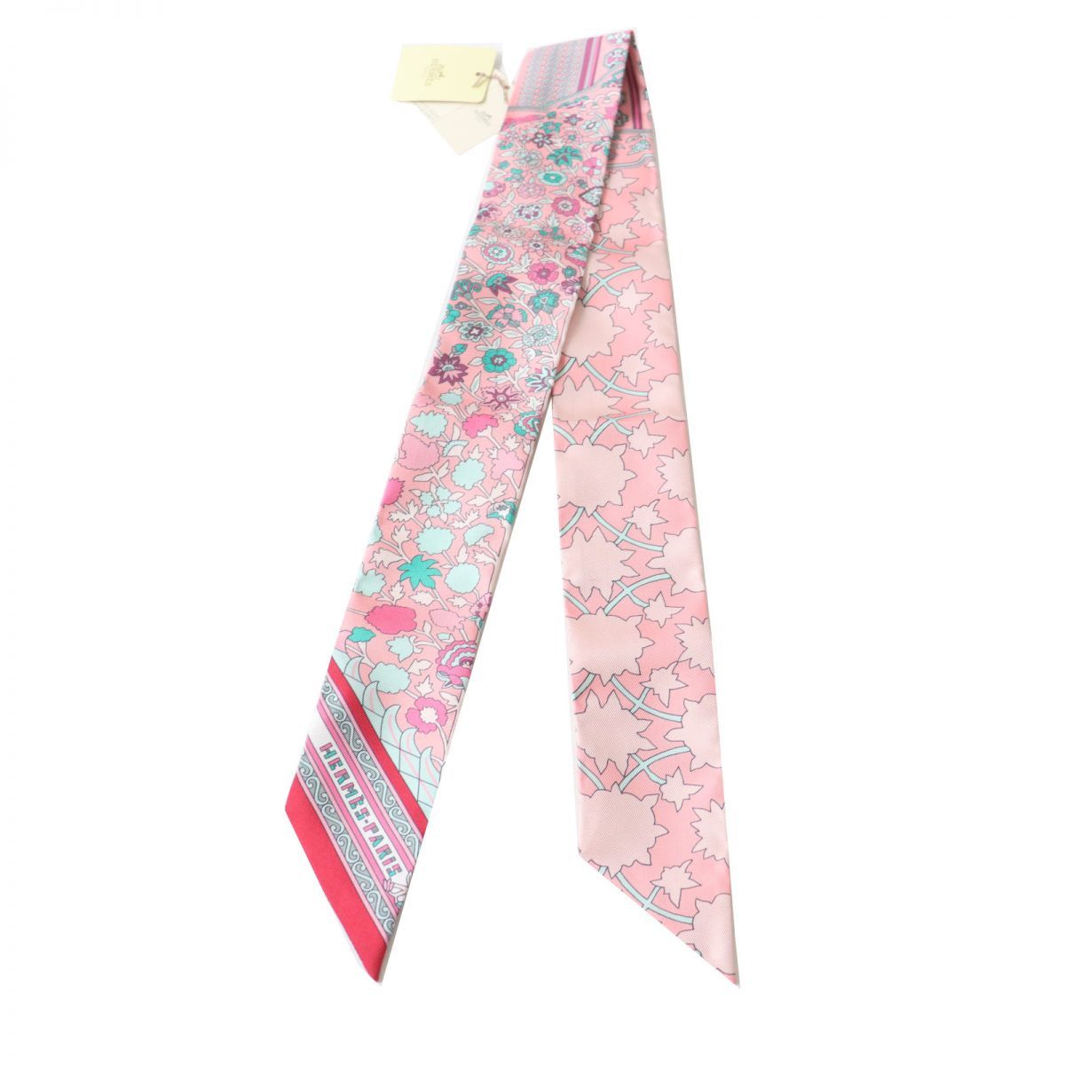 未使用品◎正規品 仏製 HERMES エルメス シルク100％ スカーフ ツイリー Tapis Persans ペルシャ絨毯 ローズ／ヴェールドゥ 箱・タグ付き