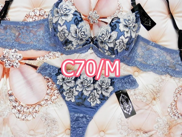 V065-C70/M ブラ＆Tバックショーツセット 新品/青系 バックレース 花柄刺繍 チャーム 脇高調スリムブラ