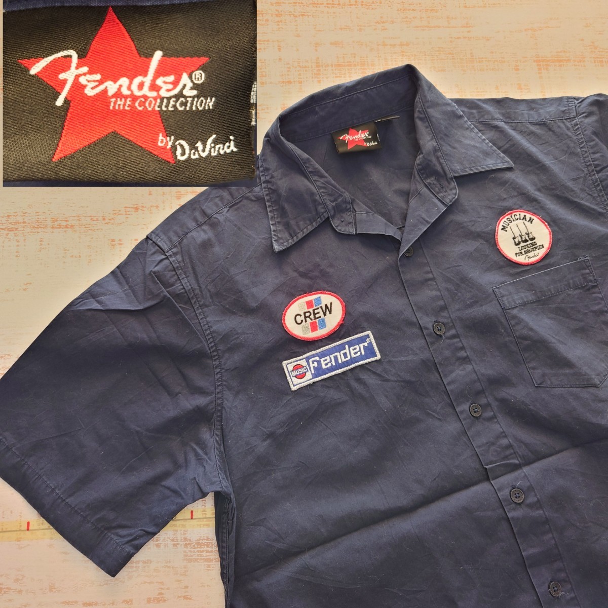 A844 Fender ワーク シャツ 半袖 アメリカ 古着 L 刺繍 ワッペン エレキギター フェンダー テレ キャスター ストラト カスタム ショップ 激