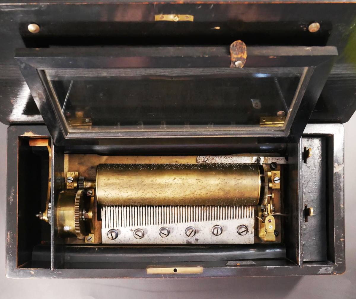 【動画有】メーカー不詳 シリンダーオルゴール アンティーク 木箱 鳴りますがジャンク扱いで