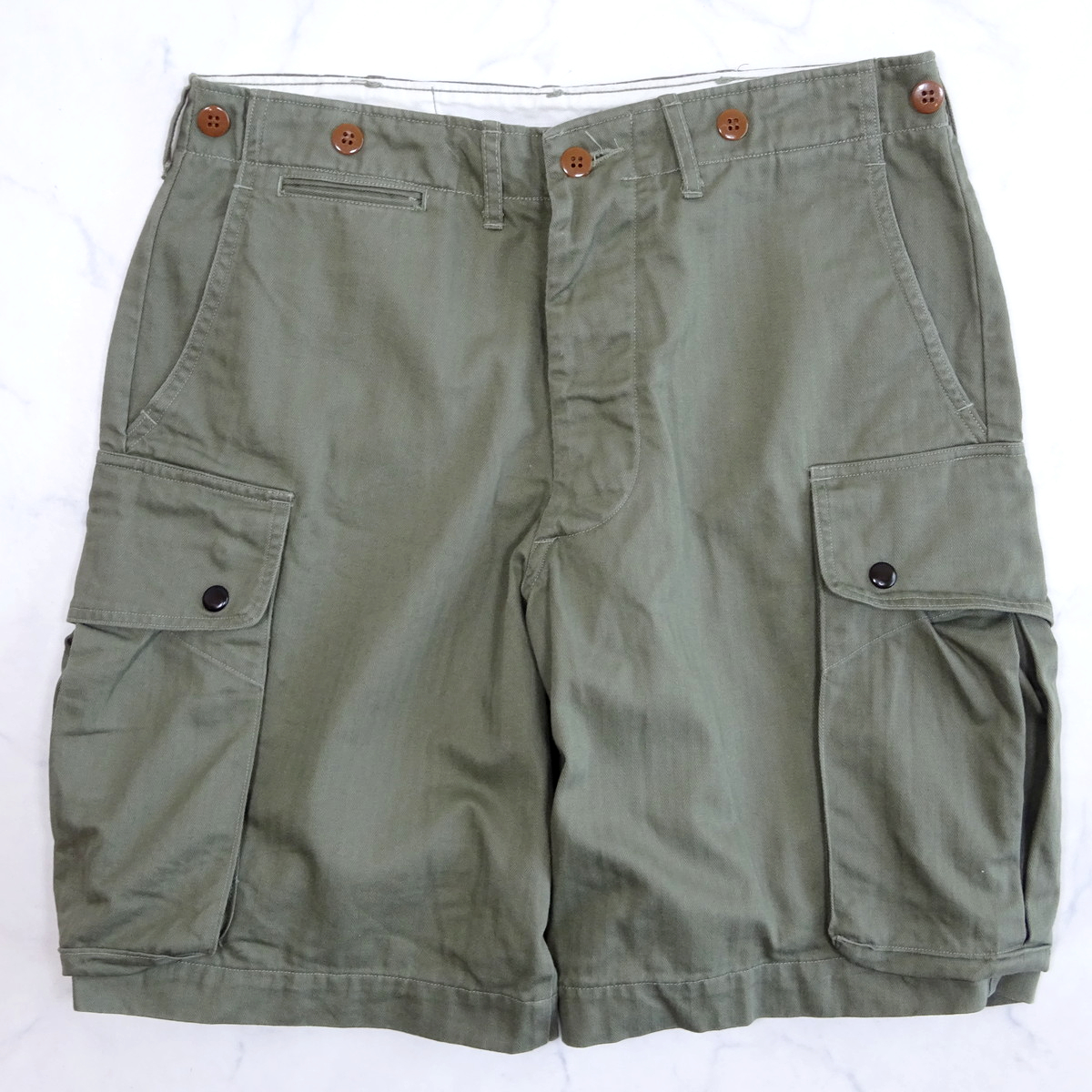 極美品 THE REAL McCOY'S リアルマッコイズ ヘリンボーン コットン カーゴパンツ ショートパンツ カーキ W32