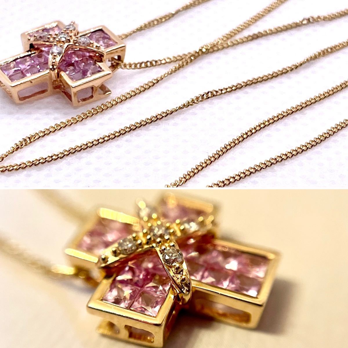 LES ESSENTIELLES◇K18YG/PG*2.87g*サファイア*クロスネックレス