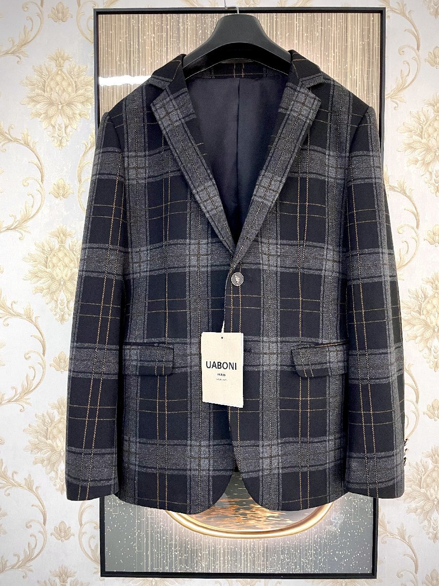 最上級EU製＆定価7万◆UABONI*Paris*ユアボニ*テーラードジャケット*フランス*パリ発◆カシミヤ 薄手 ソフト チェック柄 2ボタン 王冠  L&frasl;48