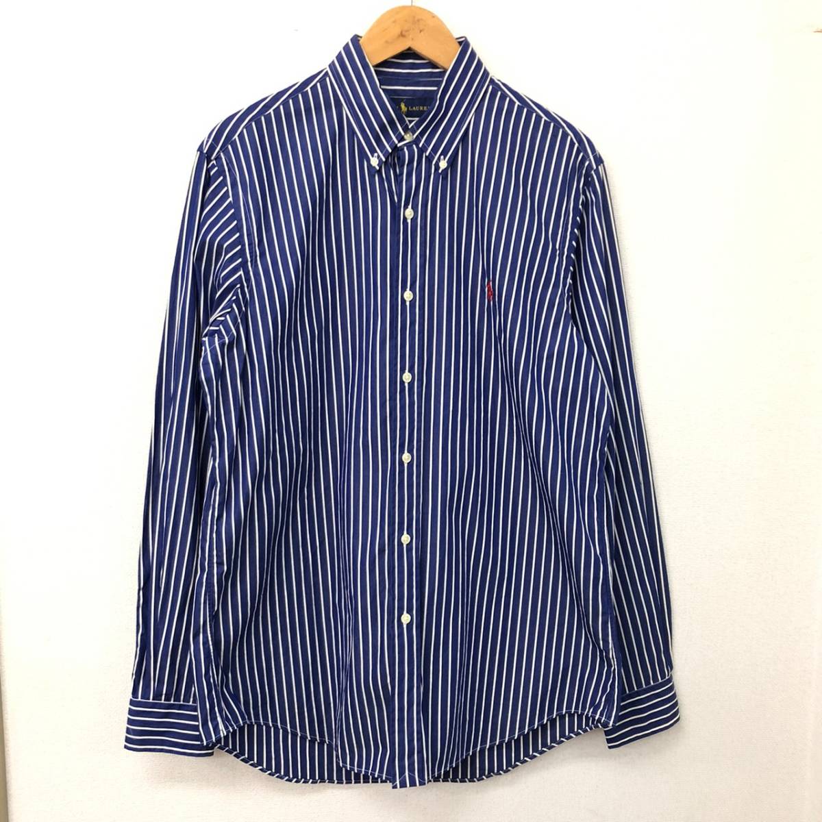 ラルフローレン　麻 100% ストライプ 長袖　シャツ　Mサイズ □RALPH LAUREN 長袖シャツ M(175/96A) 青×白 ストライプ ラルフ