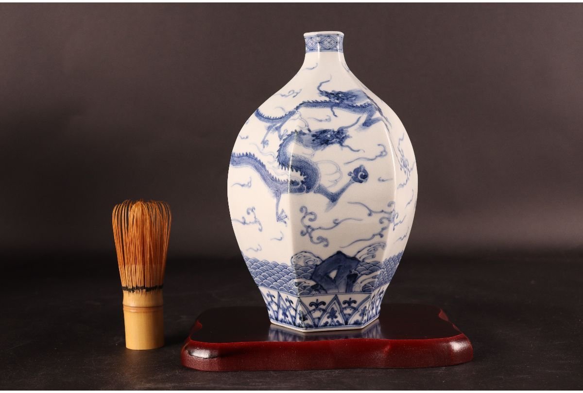 URA]山本長左 作/九谷焼/染付青華雲龍図花瓶/共箱/22cm/7-8-08 (検索
