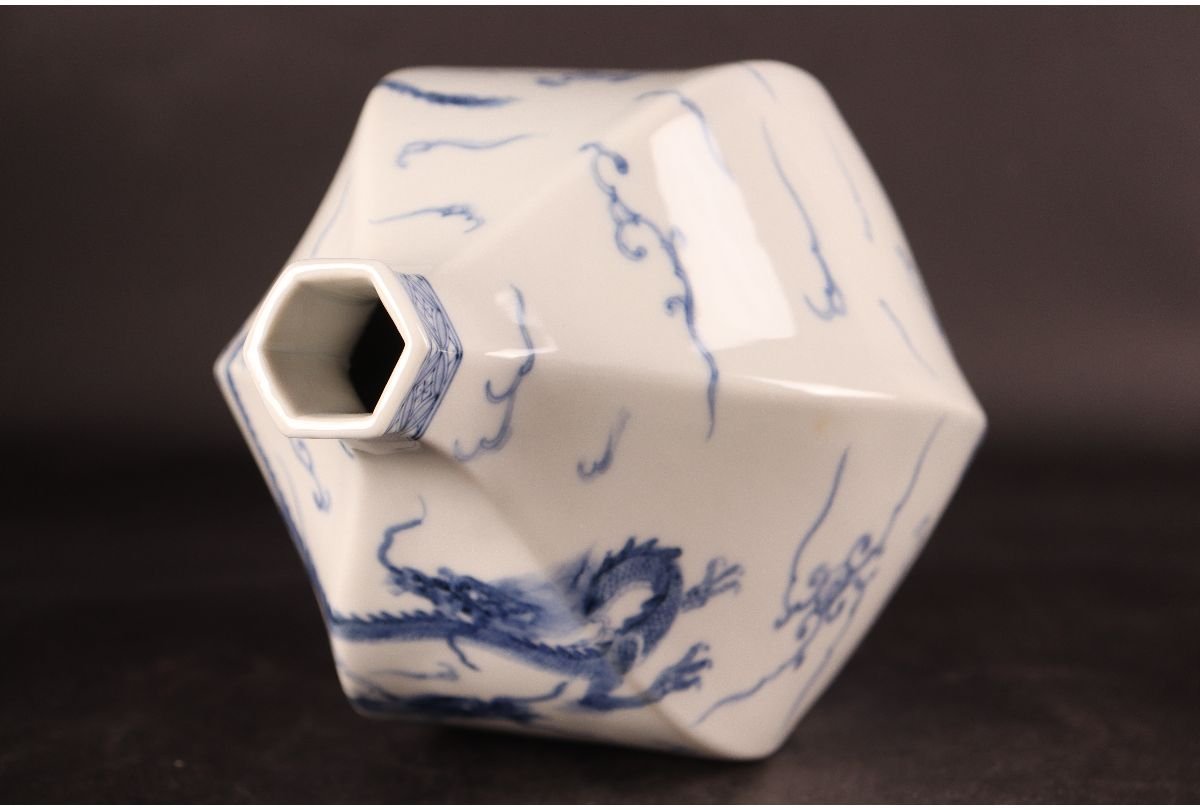 URA]山本長左 作/九谷焼/染付青華雲龍図花瓶/共箱/22cm/7-8-08 (検索