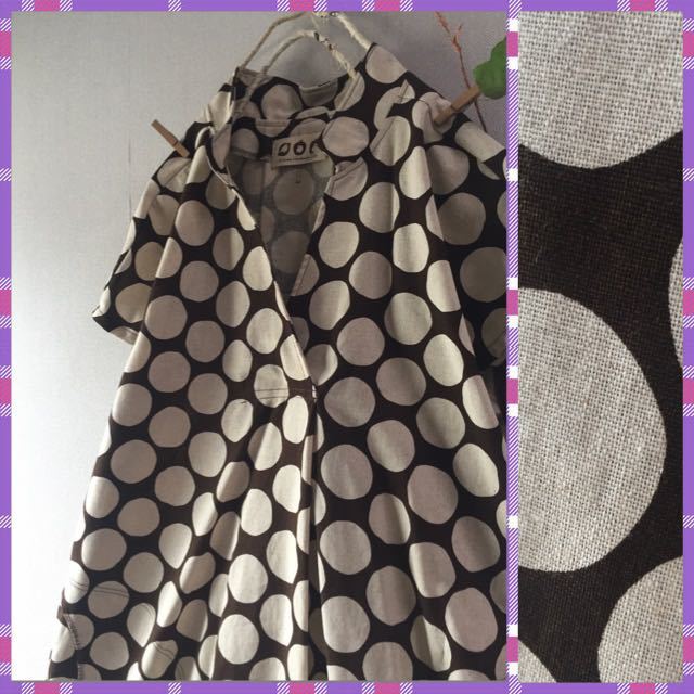 handmade::大きめドット柄Aラインコットンリネンシャツワンピース：北欧英国ハンドメイド綿麻茶色ブラウンベージュ白襟付フレンチスリーブ