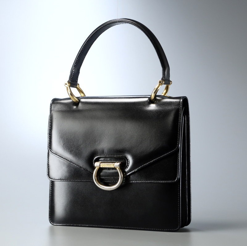 GO0813*イタリア製*CELINE オールドセリーヌ*ダブルフラップ*ゴールド金具*レザーハンドバッグ*ワンハンドル*鞄*ブラック*vintage