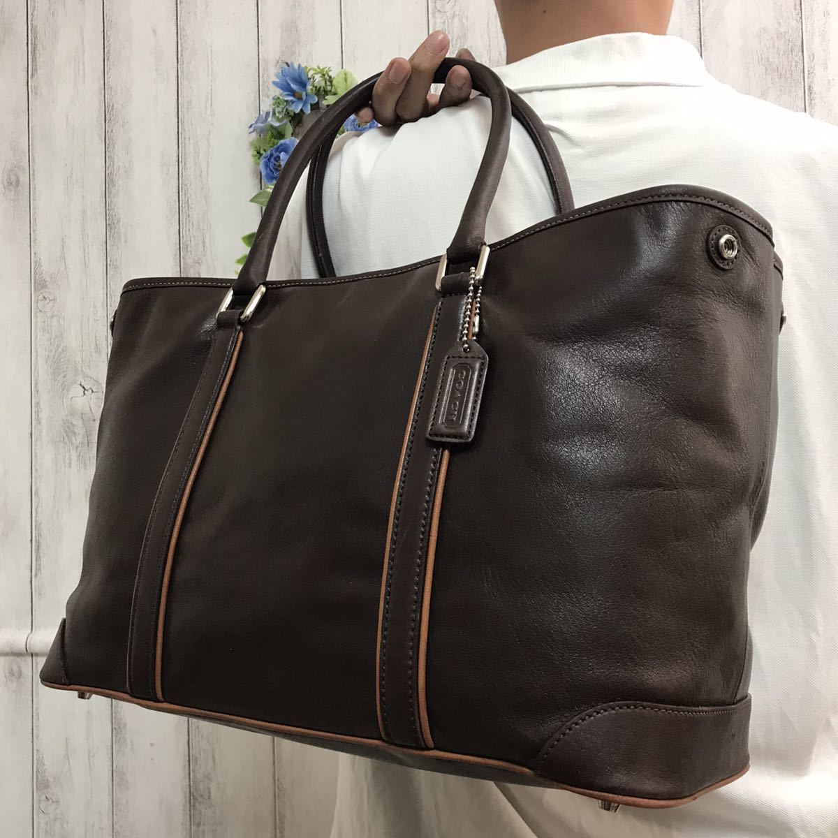 1円極美品コーチCOACH トートバッグ ハンド メンズ ビジネス 肩掛け メトロポリタン 大容量 A4 書類かばん 大容量 ブラウン 茶 レザー
