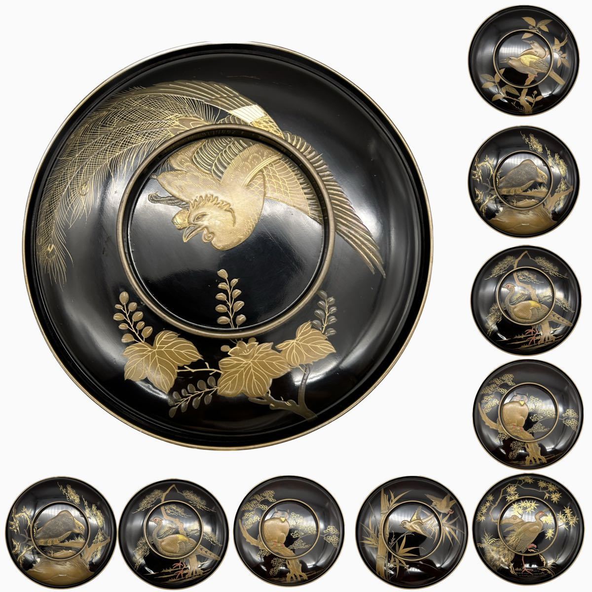 金蒔絵 花鳥絵変わり菓子椀 9客 Yahoo!オークション -「蒔絵 菓子皿 絵