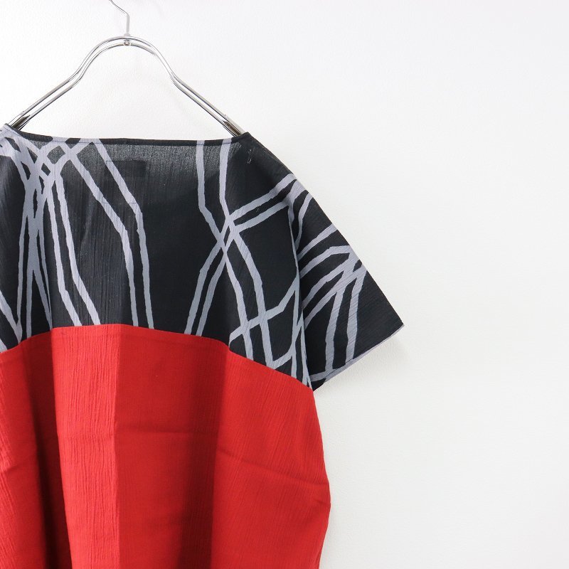 SOU・SOU ソウソウ 京都 貫頭衣 坂尾織物 高島縮 切替 四角衣 /黒 赤 トップス カットソー【2400013454414】