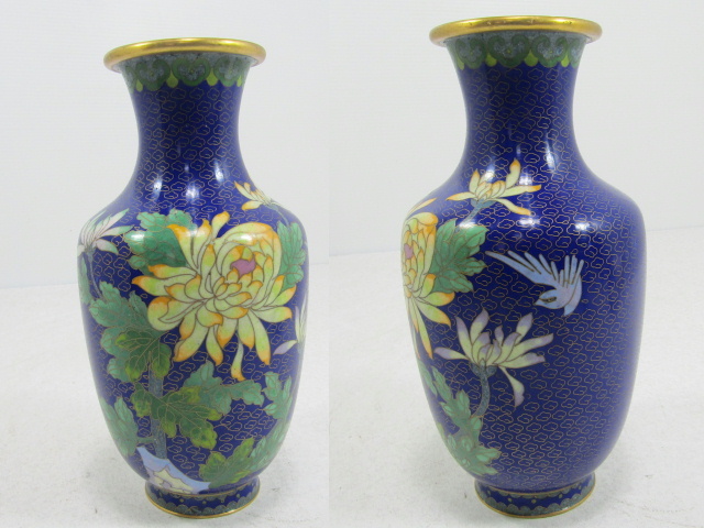 □□七宝花瓶 青地 菊鳥図 銅七宝花瓶 花生 花器□□ 【公式通販】