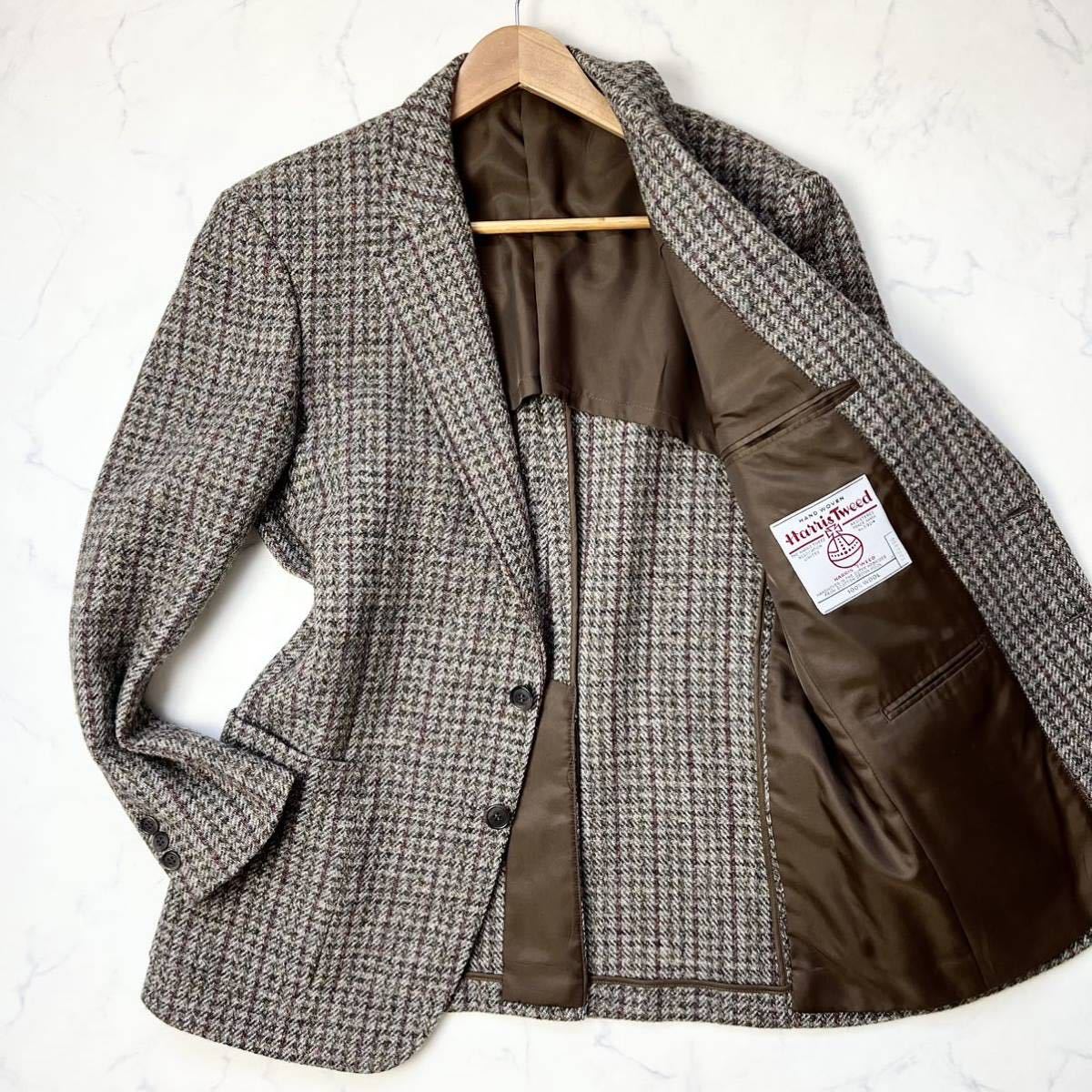 D2 ハリスツイード【洗練されたお洒落】テーラード アンコンジャケット ガンクラブチェック ブラウン AB6 L Harris Tweed 