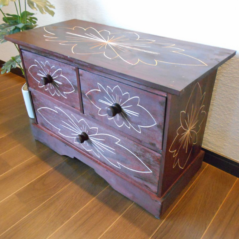 ☆アジアン家具 バリ家具 花柄模様 チェスト 収納家具 完成品家具