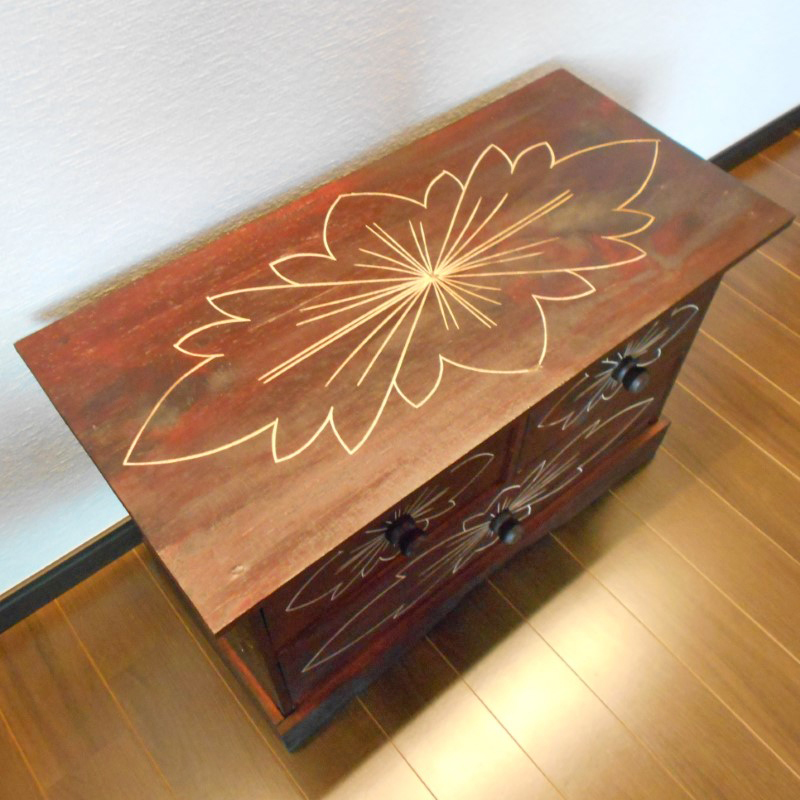 ☆アジアン家具 バリ家具 花柄模様 チェスト 収納家具 完成品家具