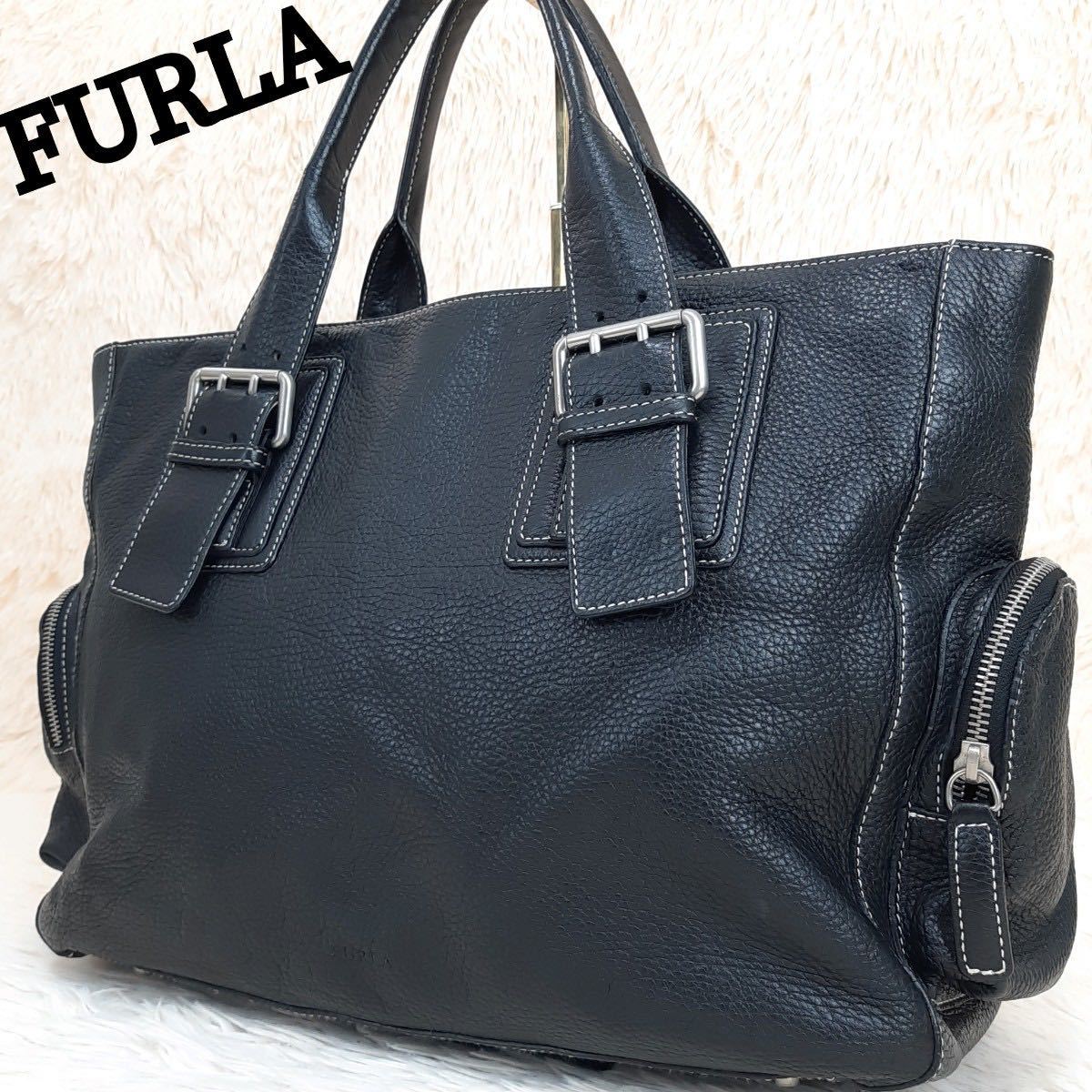 1円〜【極美品】FURLA フルラ トートバッグ ハンドバッグ レザー エンボスロゴ A４収納 肩掛け 大容量　シルバー金具　黒　ブラック