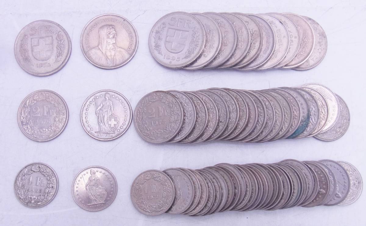 スイス新旧通貨☆紙幣・硬貨 合計228フラン 日本円約37，000円相当