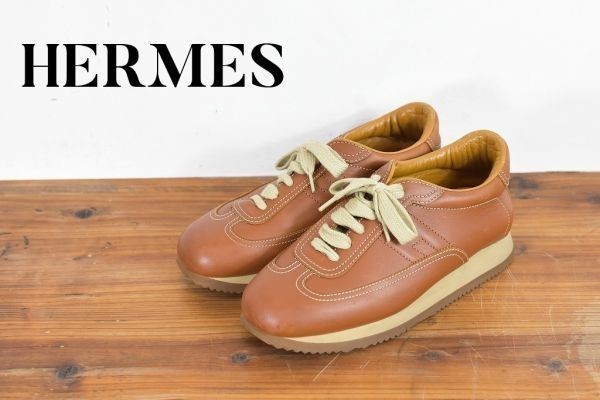 AW A1384 HERMES エルメス レディース クイック スニーカー シューズ レザー Hロゴ シューズ 厚底 ダッド 本革 ライトブラウン 36