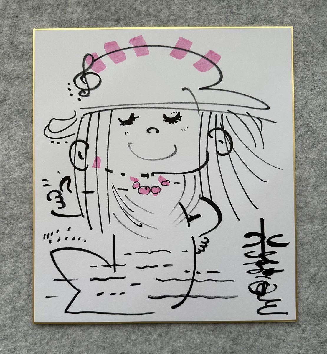 サイン色紙】 水森亜土 あどちゃん 人魚の女の子 色紙にペン 模写 水森