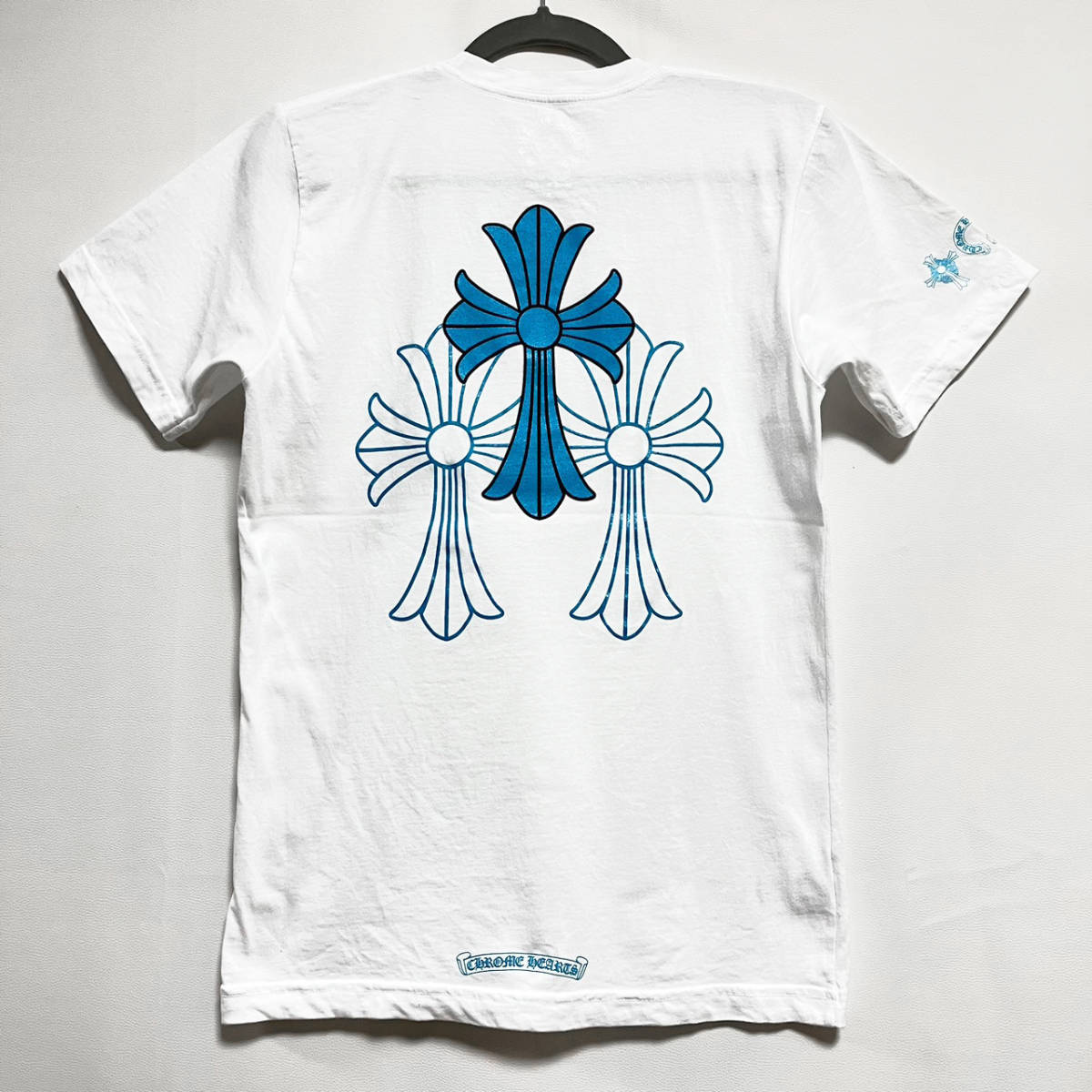美品 CHROME HEARTS クロムハーツ 3セメタリークロス ホースシュー 半袖Tシャツ ホワイト ブルー Sサイズ 正規品 本物