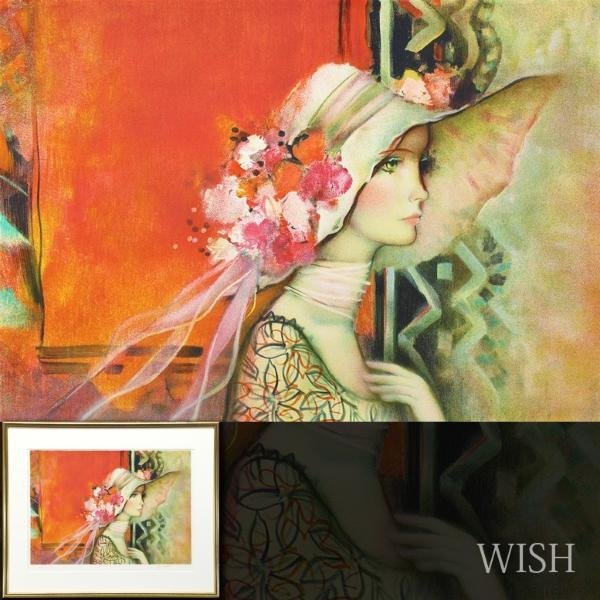 真作 WISH 今井幸子 リトグラフ 15号大 大作 直筆サイン 花飾り帽子の