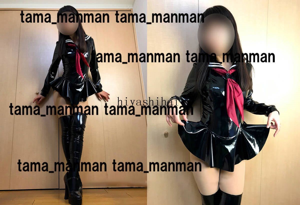 高品質生地 黒エナメル長袖セーラーレオタード・コスプレ衣装ソックス付 -018