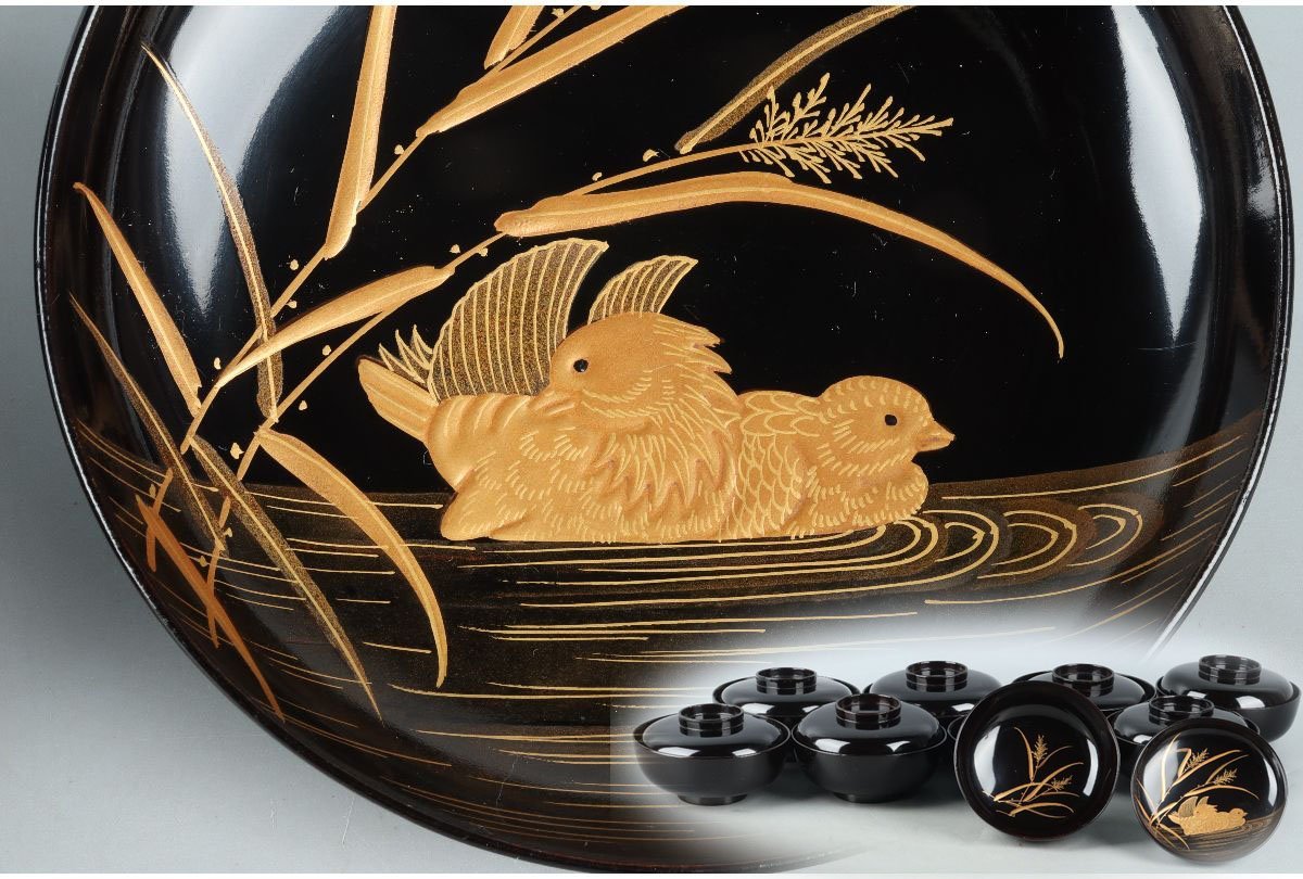 [URA]漆塗おしどり金蒔絵厚物椀9客/F3/14-s7-24 (検索)骨董/金蒔絵/漆塗/漆器/煮物椀/茶碗/蓋茶碗/蓋碗/蓋物/金彩