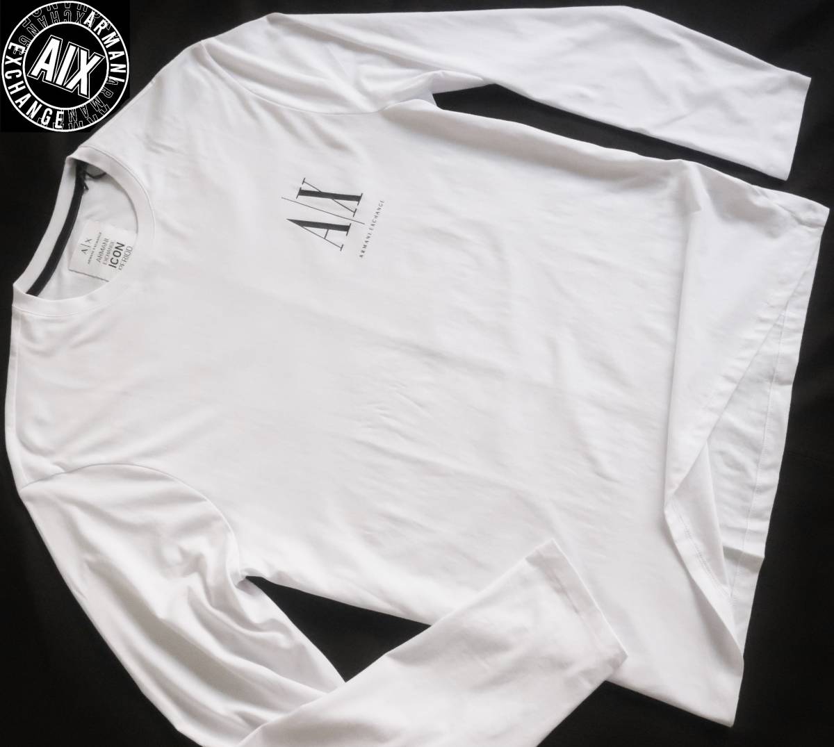 新品★アルマーニ★大きいサイズ★ホワイト ロンT★ブラック ロゴプリ★長袖 Tシャツ 白 XXL★ICON PERIOD★AX ARMANI★025