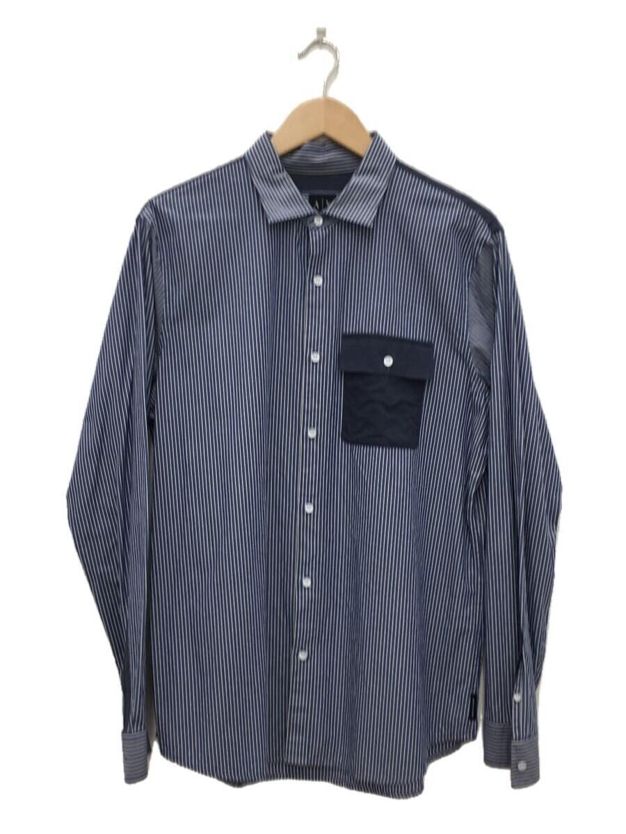 ARMANI EXCHANGE◆レギュラーカラー/ポケット長袖シャツ/L/コットン/ネイビー/ストライプ