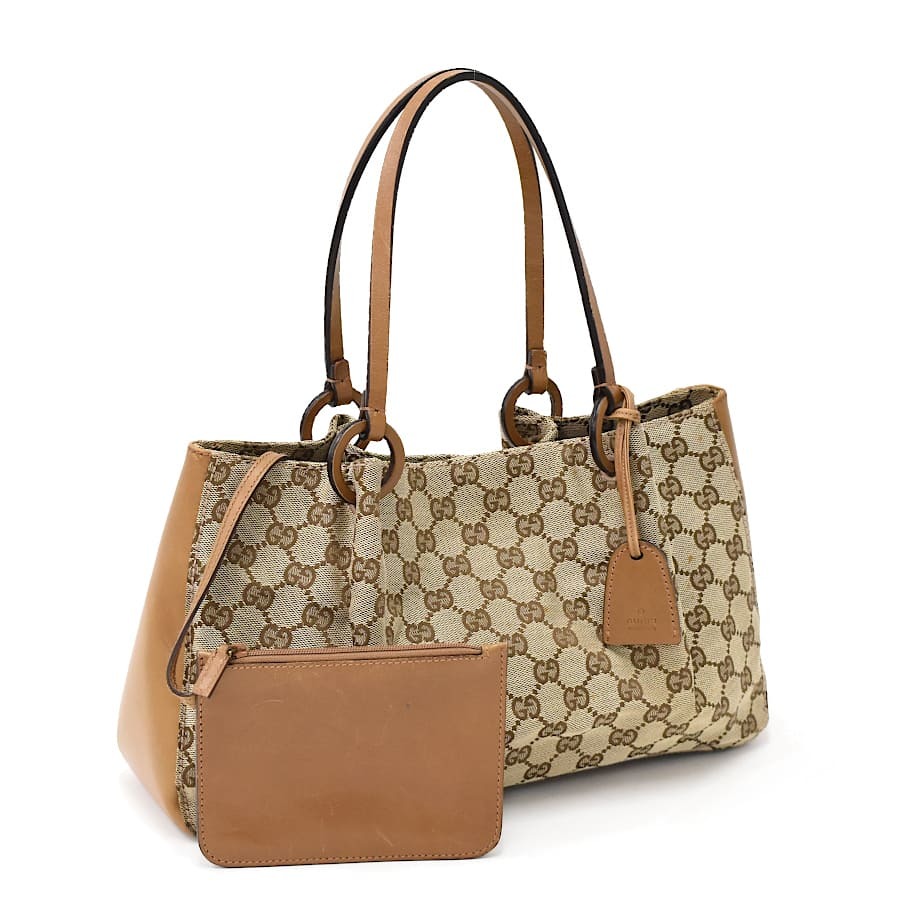 1円 ◆美品 GUCCI グッチ ハンドバッグ トート 94898 GGキャンバス レザー ベージュ ブラウン◆E.Cslo.tI-22