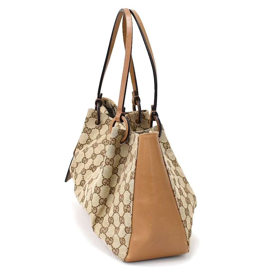 1円 ◆美品 GUCCI グッチ ハンドバッグ トート 94898 GGキャンバス レザー ベージュ ブラウン◆E.Cslo.tI-22