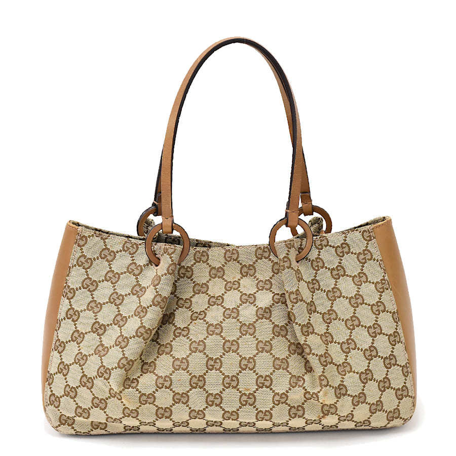 1円 ◆美品 GUCCI グッチ ハンドバッグ トート 94898 GGキャンバス レザー ベージュ ブラウン◆E.Cslo.tI-22