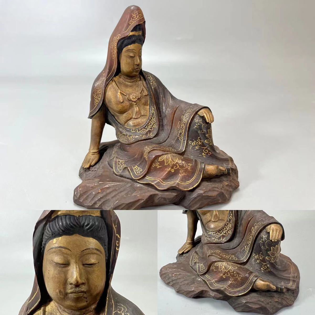 OKK》L0120B2 置物 観音像 木彫り 金彩色絵観音坐像 天女像 仏像 仏教
