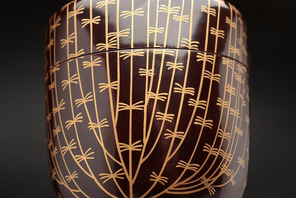 HZ853 【塗師 春斎 造】木地 内梨地 芽張柳蒔絵中棗 高7cm 重50g 共箱