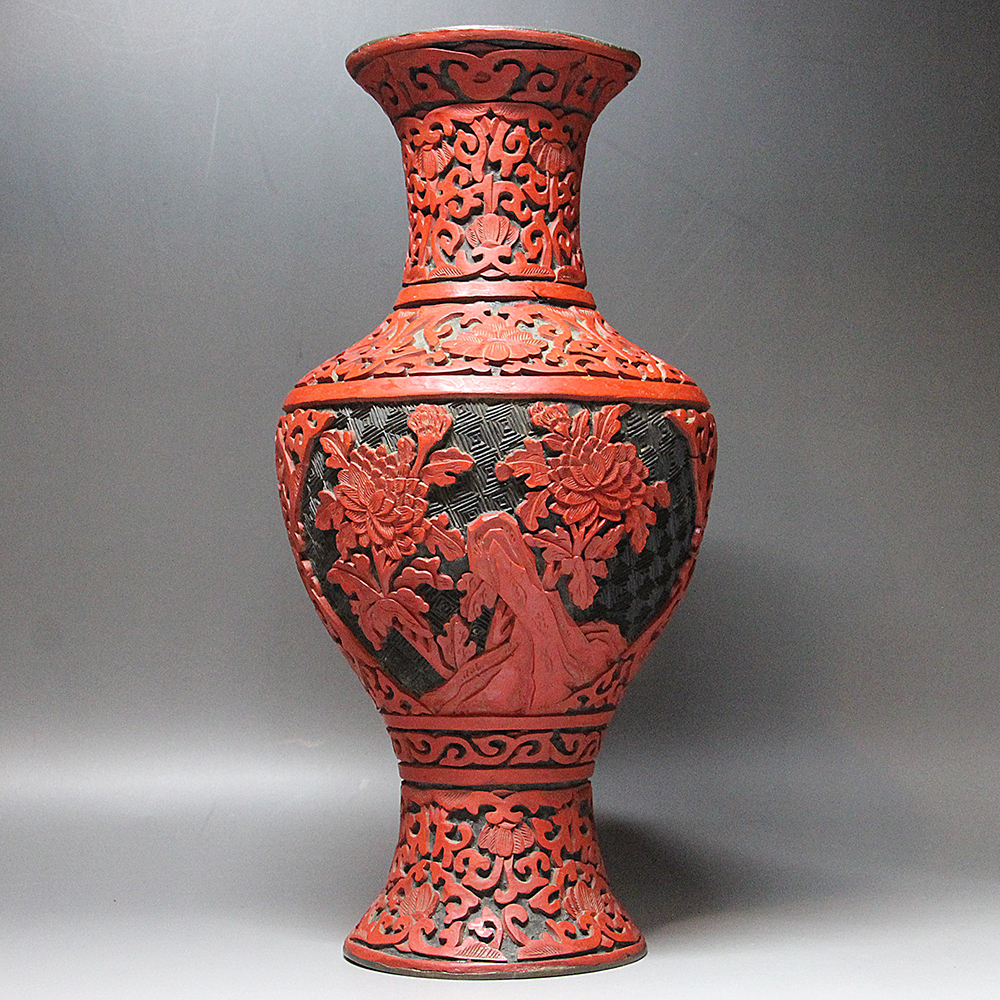 ☆ 堆朱 花瓶 花唐草紋様 高さ25.5cm / 壺 置物 中国美術