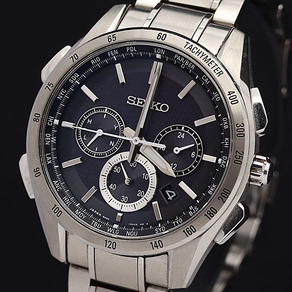 1円 稼働 良品 セイコー 電波ソーラー 8B92-0AB0 ブライツ フライトエキスパート 黒文字盤 クロノグラフ デイト メンズ腕時計 5524200IKE