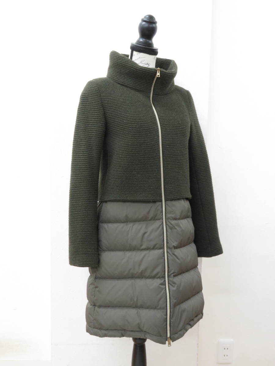 14325　上508-549　ヘルノ　アウター　ニット ダウン コート　カーキ　グリーン系　上着　レディース　中古　毛玉あり　HERNO　ヤ100