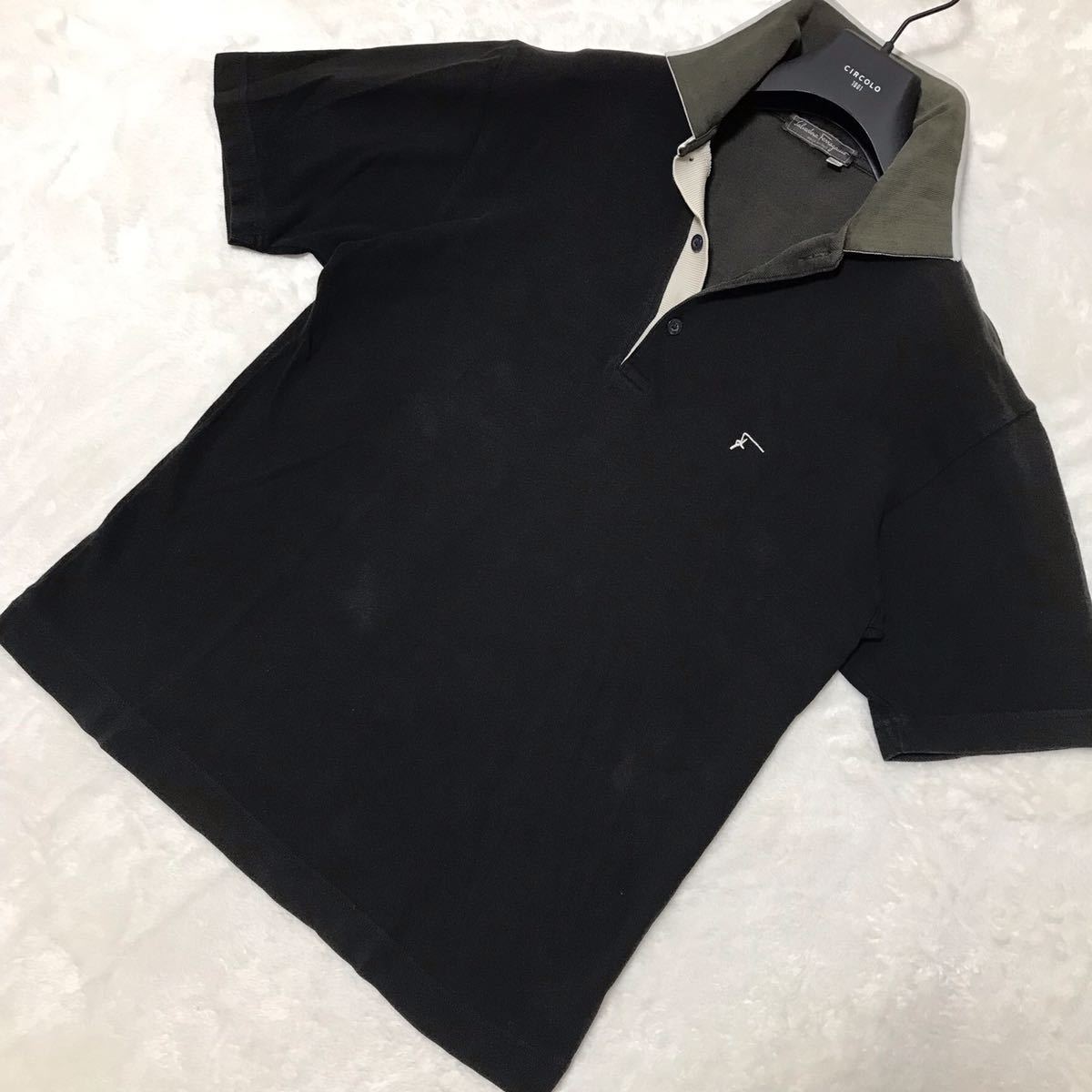 イタリア製*サルヴァトーレフェラガモ*メンズ ロゴ刺繍 半袖シャツ ポロシャツ プルオーバーシャツ 鹿の子 ブラック系 M