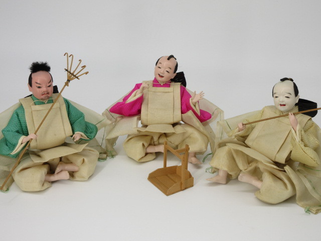 明治期 京都 丸平「三人上戸(庭掃除)」玉眼入り 大木平蔵 共箱 検)雛