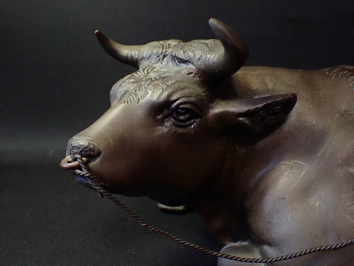 銅製 秀山 【近】大正期 秀山 造 銅製「座牛乗 笛吹童子」置物 33cm 4819g