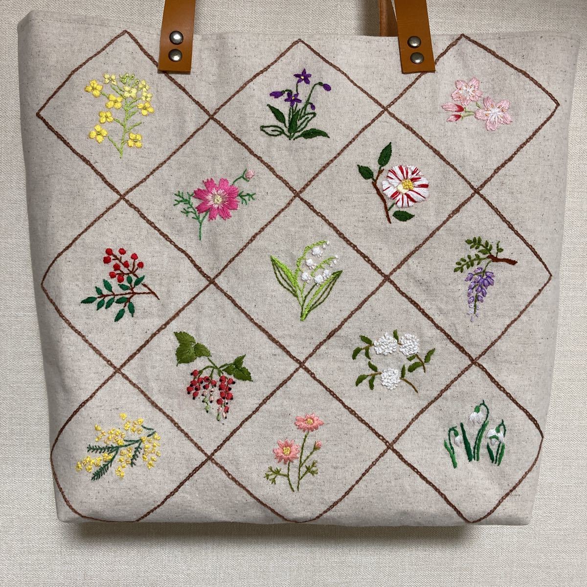 大きなトートバッグ手刺繍花図鑑ベージュ