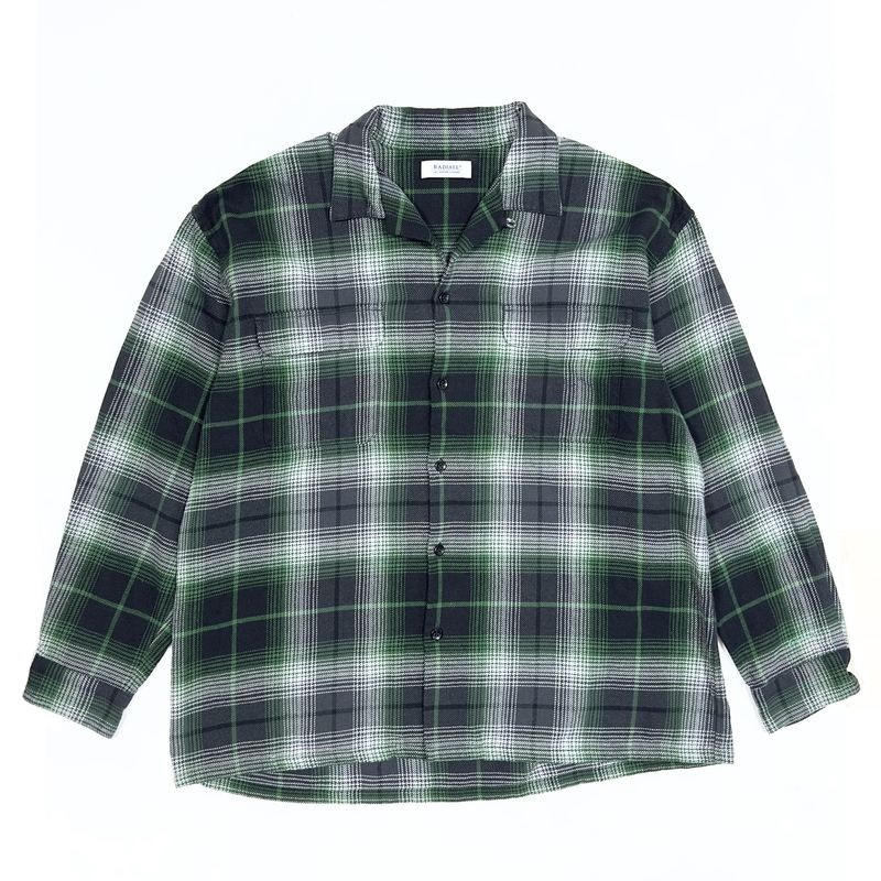 美品 【22SS】 RADIALL ラディアル GLASSHOUSE - OPEN COLLARED SHIRT オンブレチェック オープンカラーシャツ グリーン XLサイズ