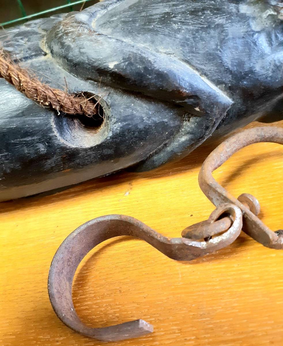 自在鉤 魚 囲炉裏 木彫り 古民具 アンティーク (約:48cm)(木工、竹工芸